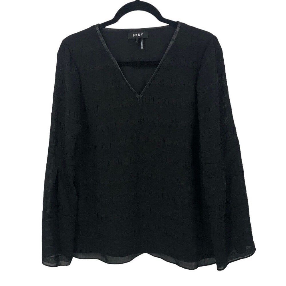 DKNY Black Holiday Sheer Chiffon Textured Faux Leather Bell Sleeve Blouse Top